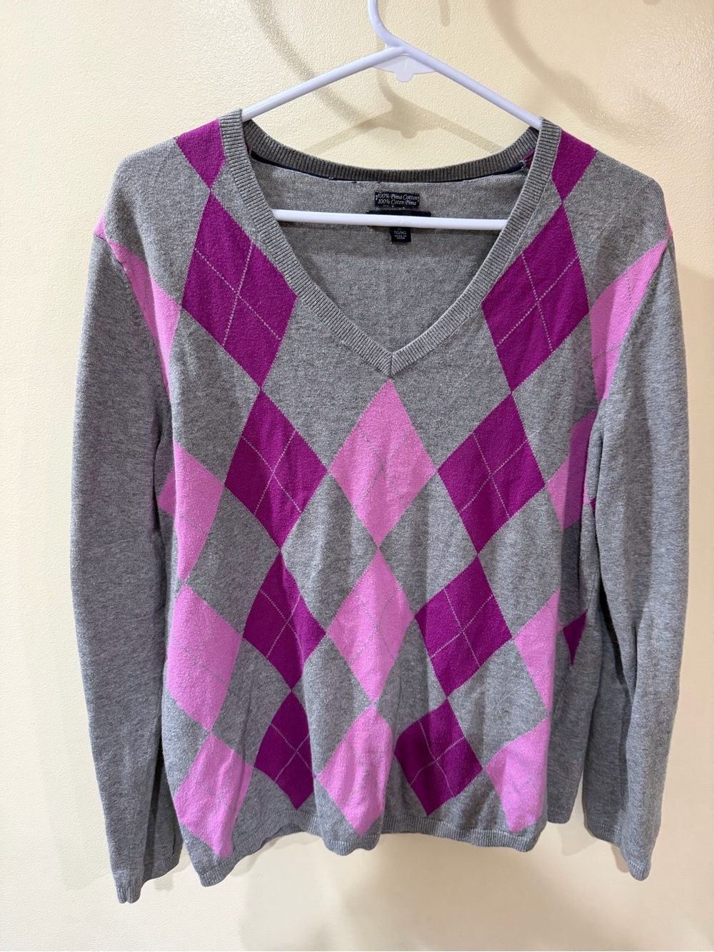 Tommy Hilfiger Gray V-Neck Argyle Sweater with Pink and Magenta Diamonds